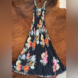 Johnny Was Silk Black Maxi Dress with Colorful Floral Design
